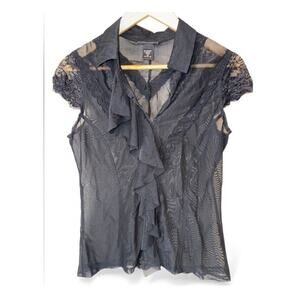 Vintage 90s Express Black Lace Sheer Ruffle Cap Sleeve V-Neck Blouse Size M